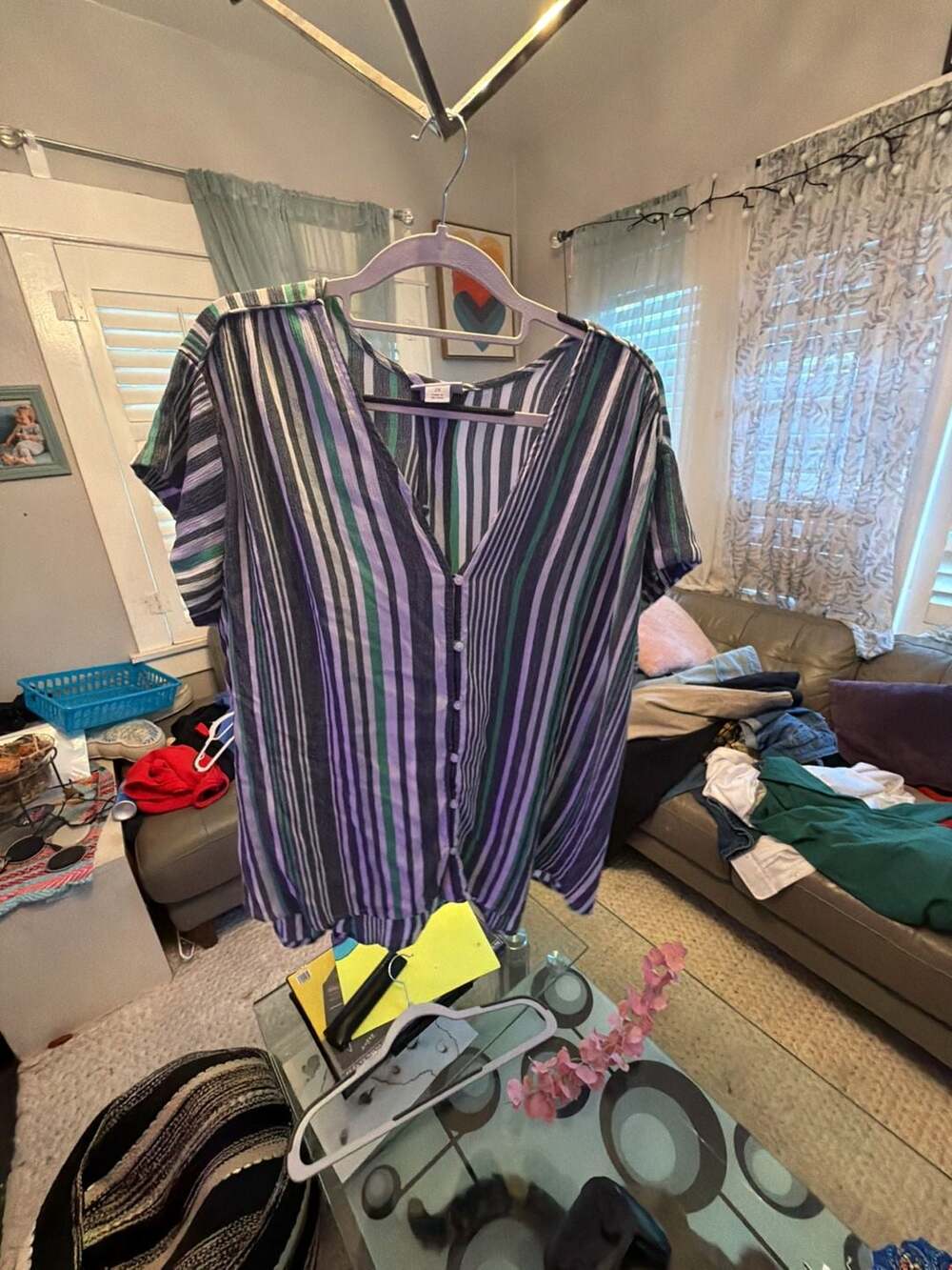 Liz Claiborne Women's Plus Size 2X Striped Short Sleeve Button-Down V-Neck Blous